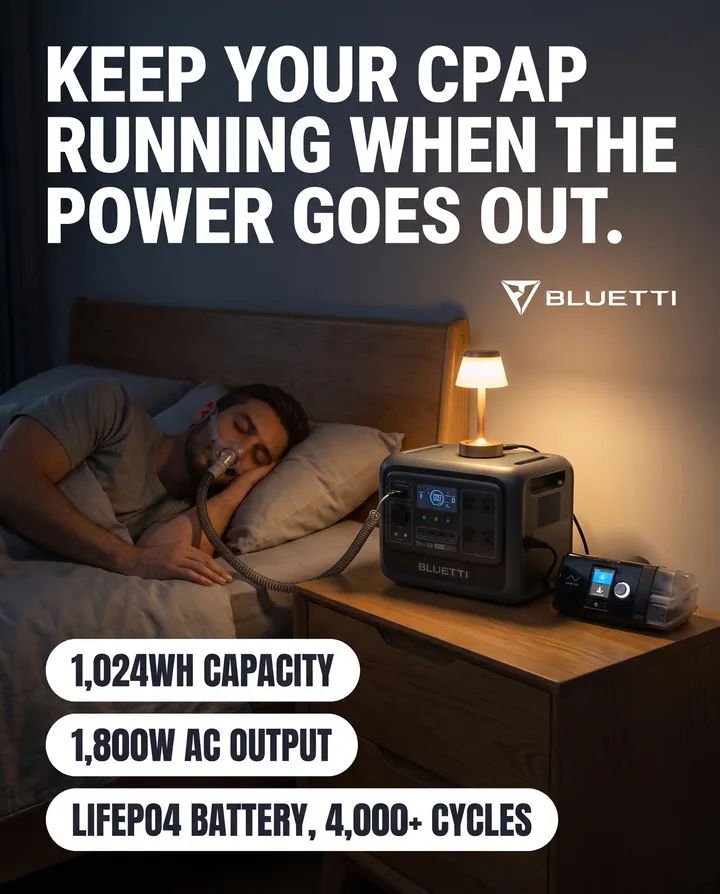 Spec ad for BLUETTI. A man sleeps with a CPAP mask while an Elite 100 V2 on the nightstand powers a lamp and the CPAP, under the headline: Keep your CPAP running when the power goes out.