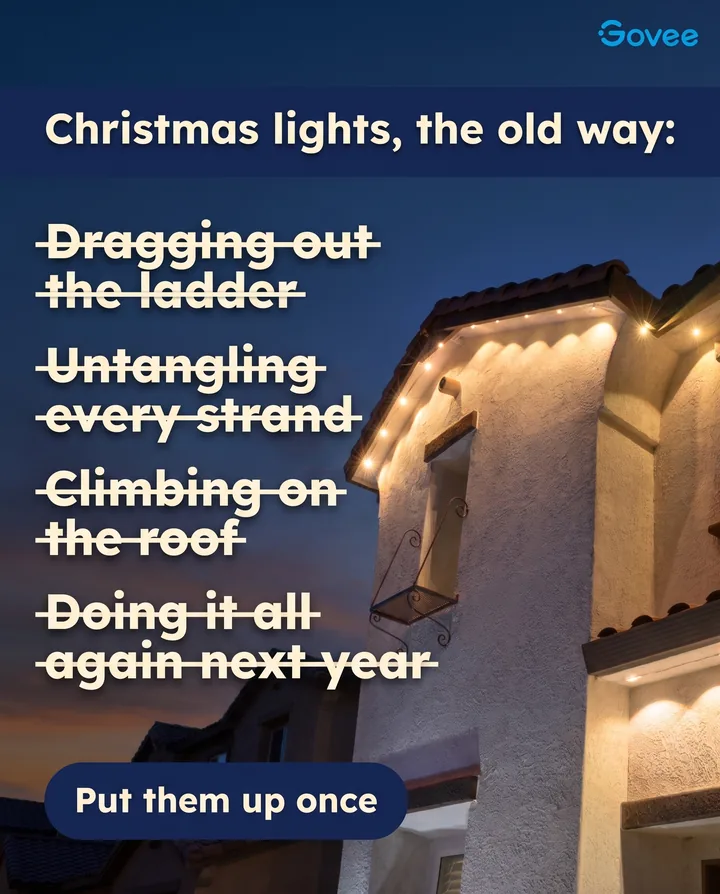Spec ad for Govee. Christmas lights, the old way, with crossed-out lines: dragging out the ladder, untangling every strand, climbing on the roof, doing it all again next year. Next to it, permanent lights glow along a roofline.