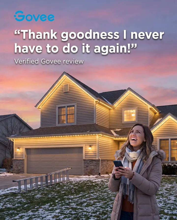 Spec ad for Govee. A woman smiles up at her house glowing with permanent lights at dusk, a ladder lying unused, under the quote: Thank goodness I never have to do it again!