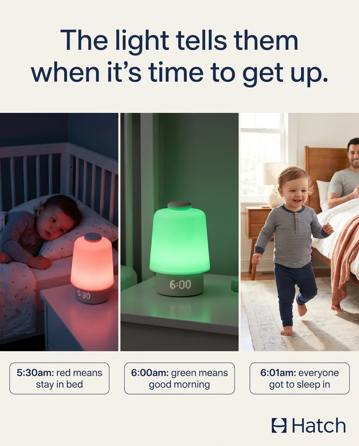 Spec ad for Hatch with three panels: a red light at 5:30am means stay in bed, a green light at 6:00am means good morning, and at 6:01am everyone got to sleep in.