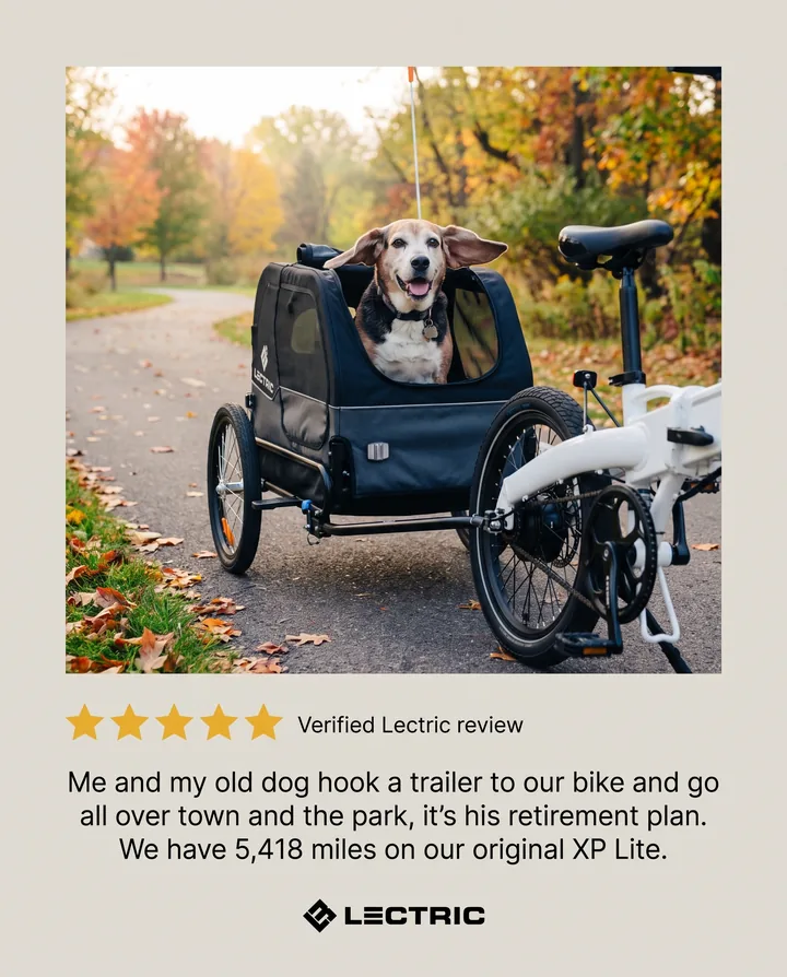 Spec ad for Lectric eBikes. An old beagle sits in a Lectric pet trailer behind a white XP Lite 2 on an autumn path, above a five-star review about the dog’s retirement plan.
